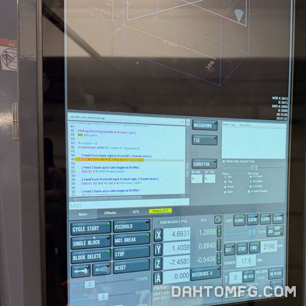 Tormach control screen showing a running program, toolpath preview, and position readouts